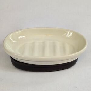 Ceramic Oval Soap Dish Cream w/Bronze Metal Base Bathroom Kitchen Countertop